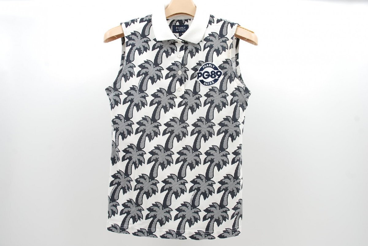 coco 中古【SALE】 パーリーゲイツ PEARLY GATES レディース ノースリーブ 1(M) 白×紺 ポロシャツ ヤシの木柄 ネコパケ発送可 66186拍卖