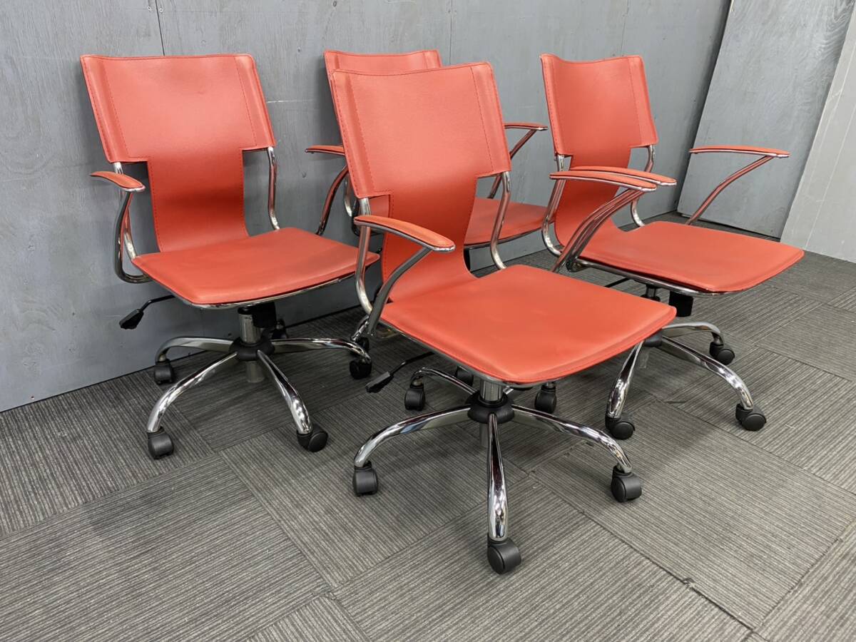 ◆管2126◆自社便対応地域あり◆アスクル◆肘付きOAチェアー 4脚セット◆会議 ミーティング オフィス◆赤 レッド系拍卖