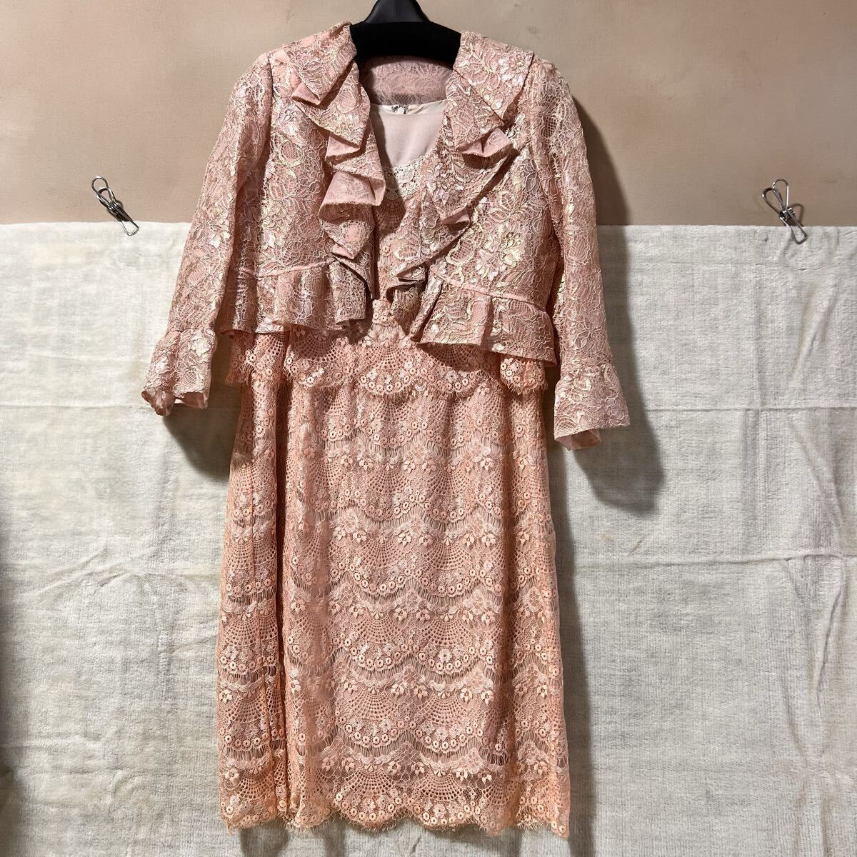 C2723 KUMIKYOKU PRIER 組曲 ワンピース Exquis エクスキ ジャケット ピンク系 レース セットで ワンピにシミ拍卖