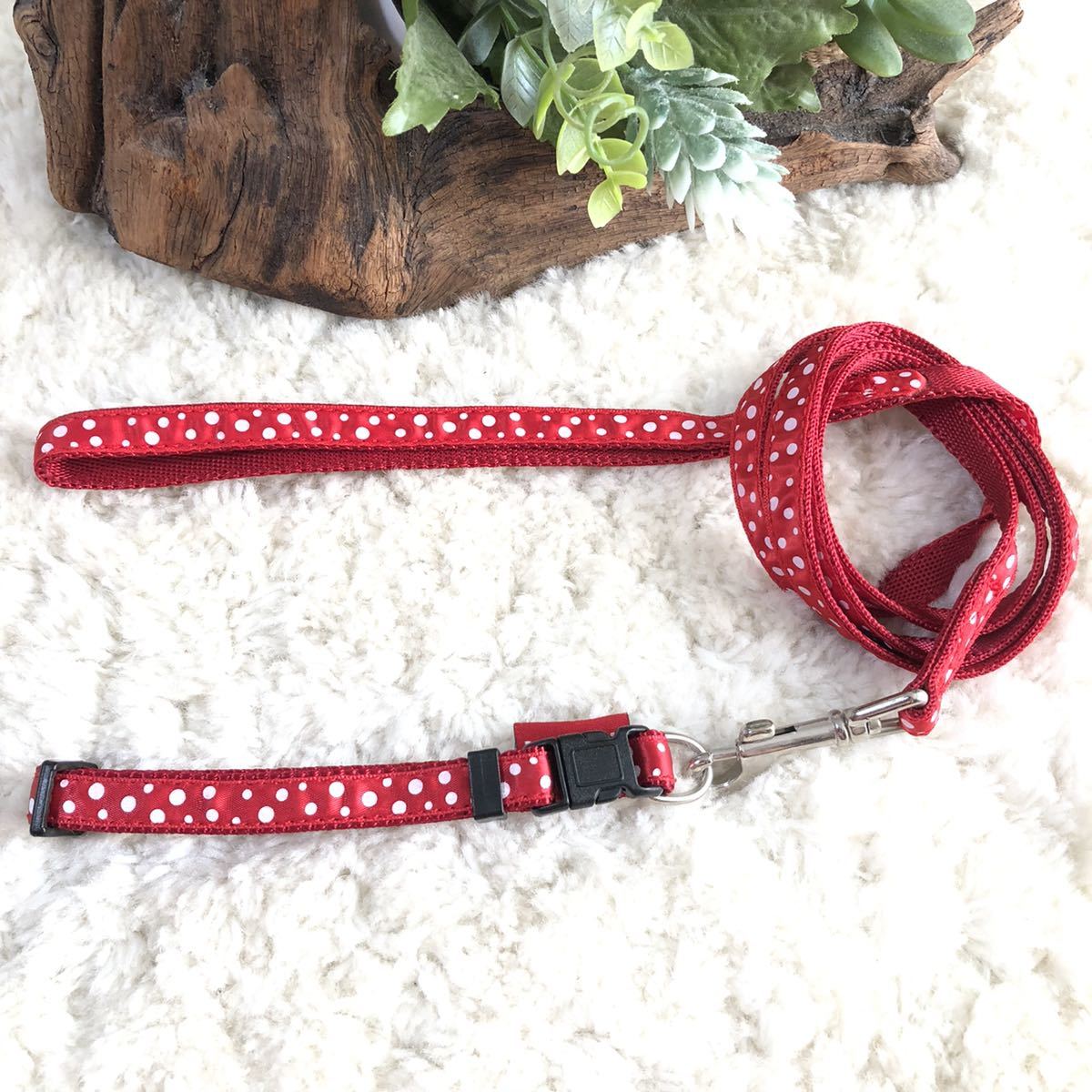 ★同梱お得★首輪&リード・超小型・水玉柄-No.42・レッド♪拍卖