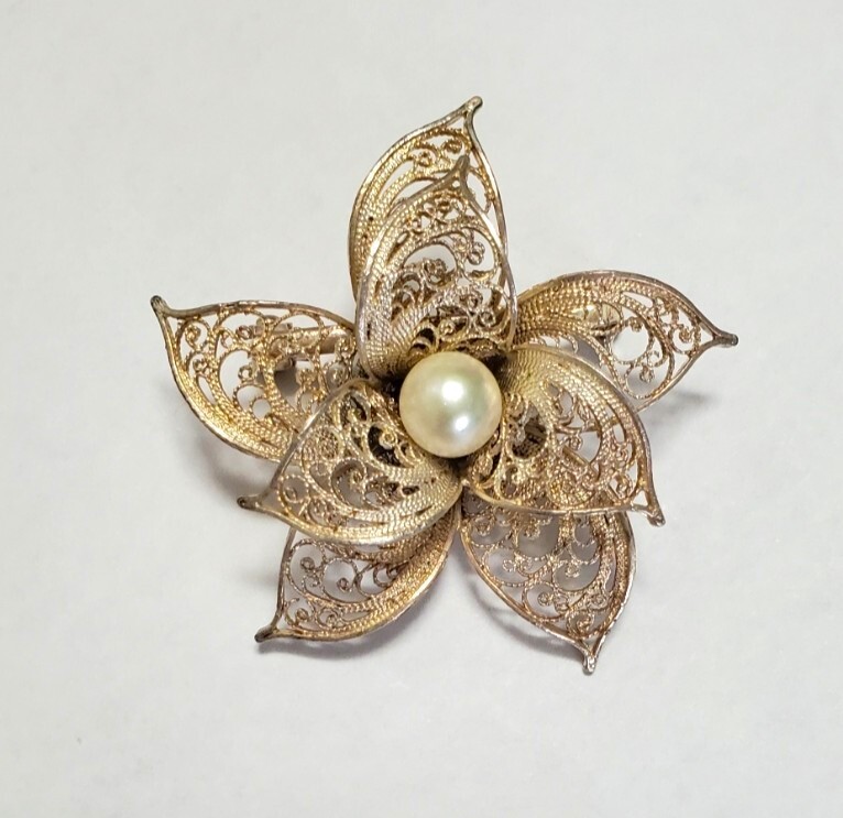 本真珠 ブローチ シルバーカラー パール レディース アクセサリー 8,6g ヴィンテージ拍卖