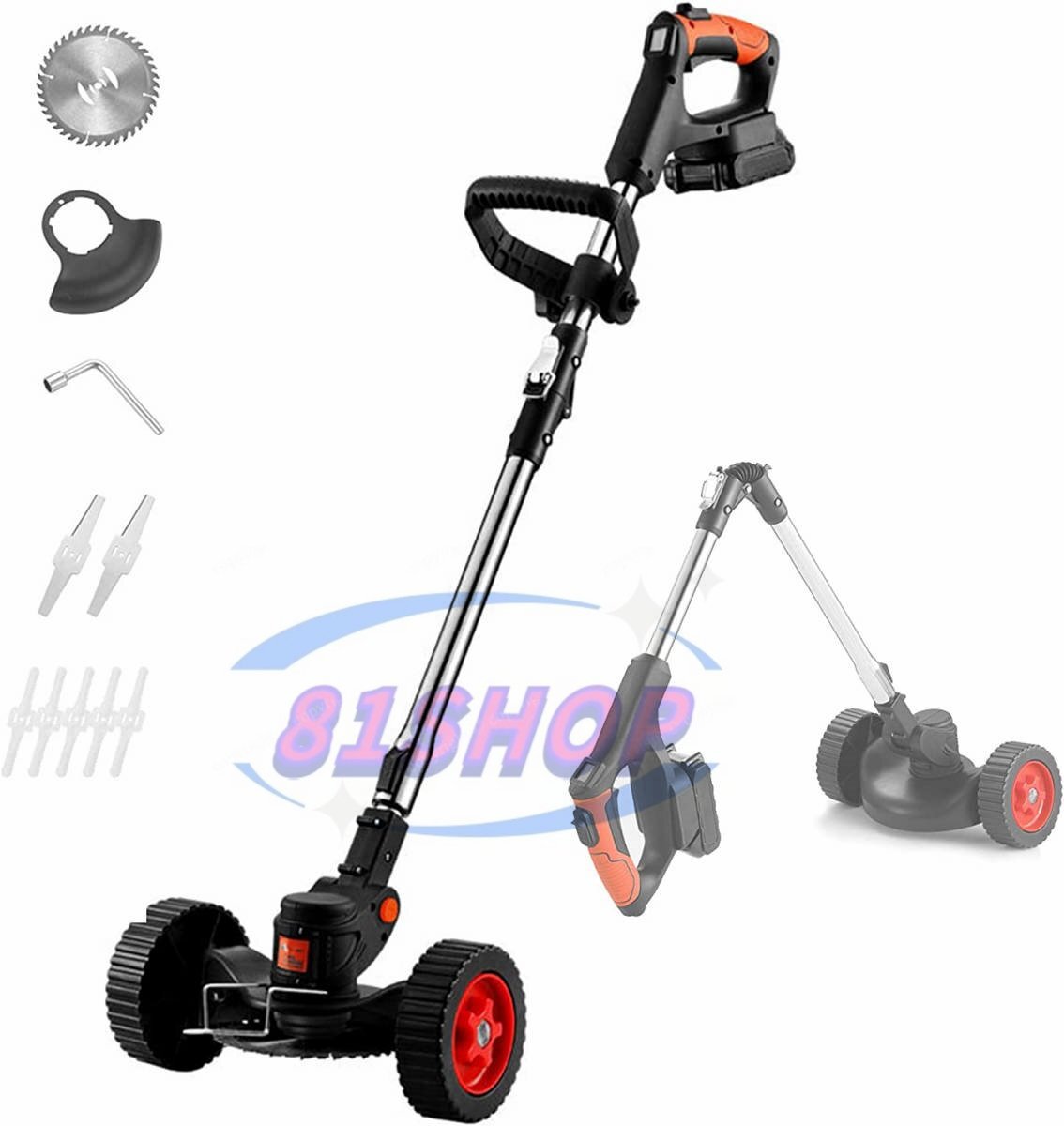「81SHOP」草刈り機 充電式 コードレス草刈機 伸縮式 折りたたみ プッシュ式芝刈り機 替え刃3種類 電動草刈り機 角度調整 電池残量表示軽量拍卖