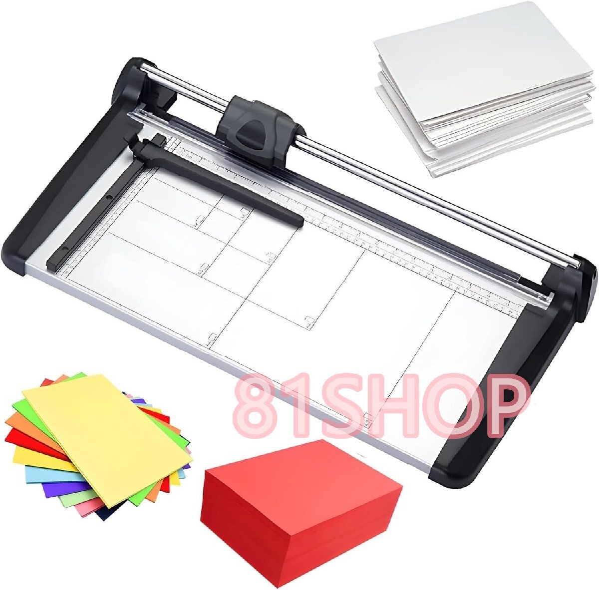 「81SHOP」手動金属ギロチンペーパーカッター、A4ロータリーペーパートリマーカッター、位置決め定規付き、15枚の容量拍卖