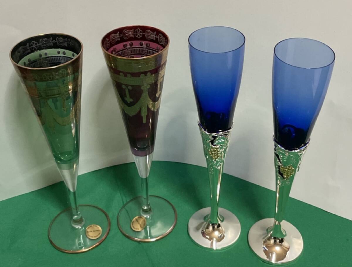 アンティーク シャンパングラス/ブルーグラス/ ベネチアングラス4個セット拍卖
