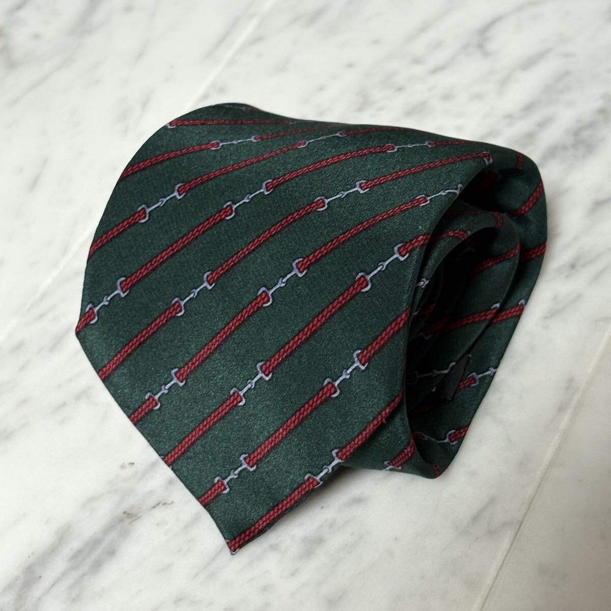 【美品】 999円~ LANVIN ネクタイ グリーン系 ストライプ ベルト柄 (GREEB3)拍卖
