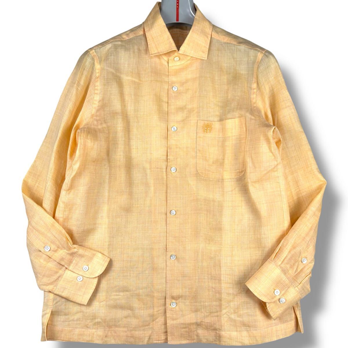 1円 極美品 L~XL.LL ダックス DAKS 長袖シャツ 羽織り リネン100% 麻 ロゴ刺繍 ロゴボタン 日本製 メンズ オレンジ 春夏拍卖