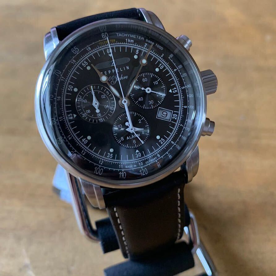 ツェッペリン ZEPPELIN 100周年記念モデル クロノグラフ 腕時計 7680-2 クロコ型押しカーフベルト ブラック ブラック拍卖
