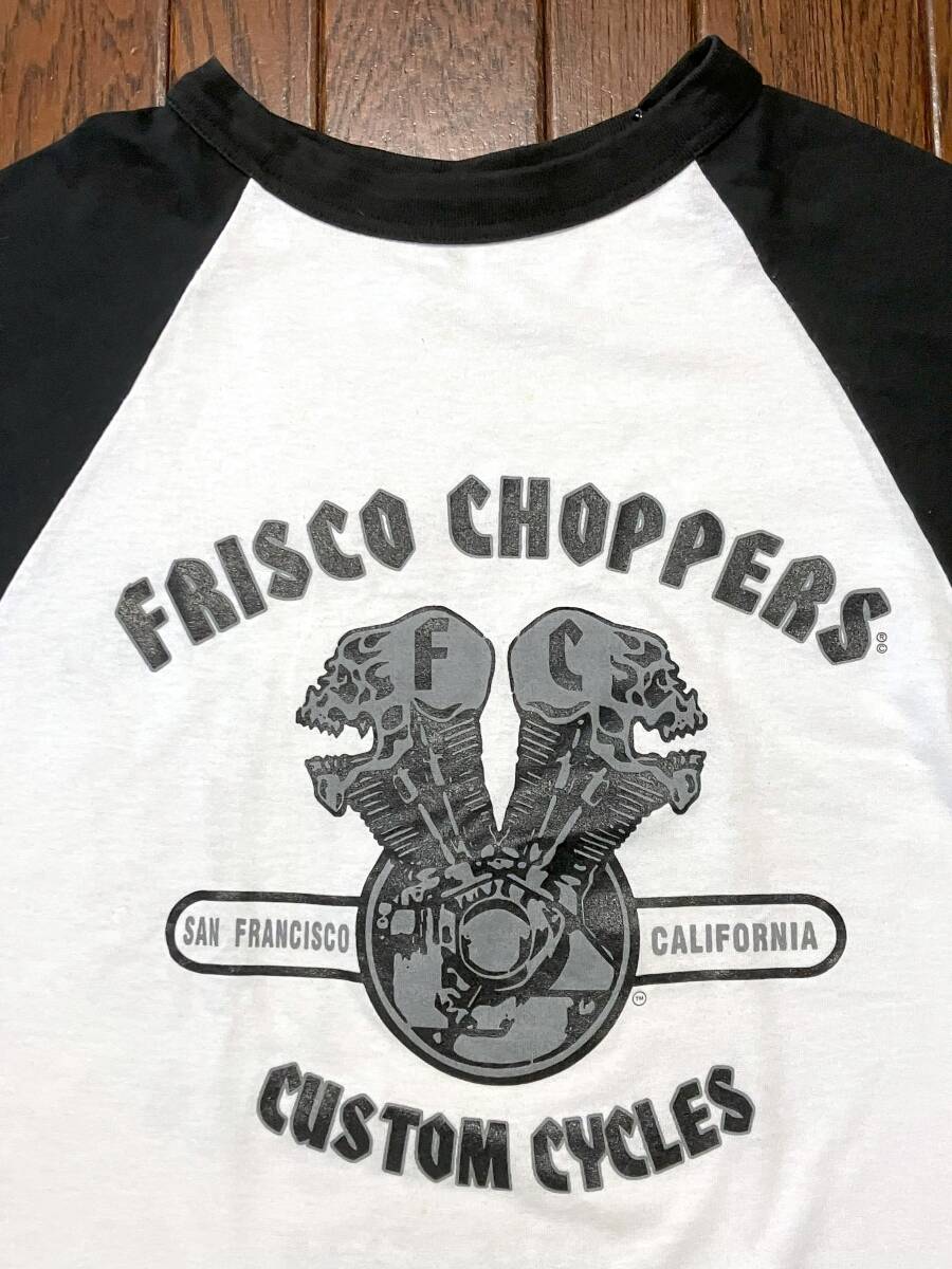 USA製 ビンテージ フリスコチョッパーズ ベースボール Tシャツ S 白 黒 七分袖 袖シングルステッチ ハーレー バイカー スカル アメリカ製拍卖