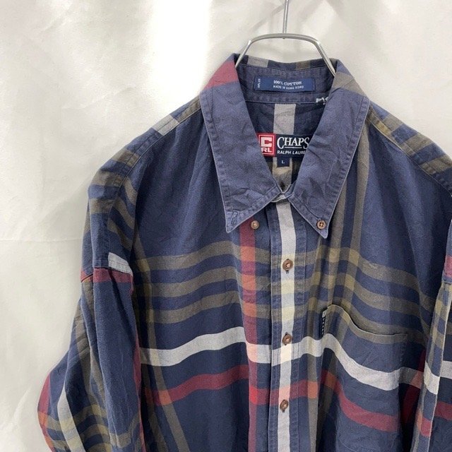K185 チャップス L アメリカ古着 コットン チェック柄 胸ポケット ボタンダウン 長袖 シャツ マルチカラー系 CHAPS メンズ拍卖