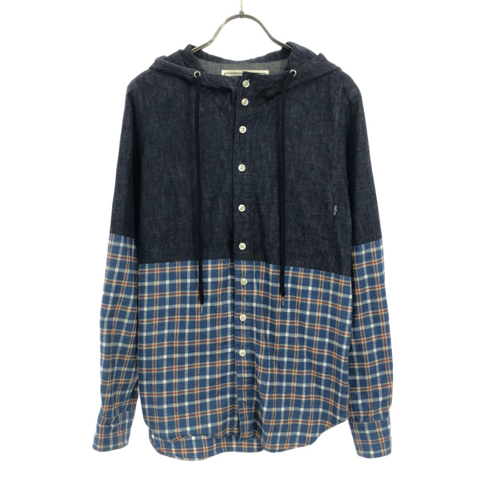 DISCOVERED ディスカバード 日本製 DENIME コラボ チェック 長袖 ドッキング シャツ パーカー 1 デニム地×ブルー系 ドゥニーム メンズ拍卖