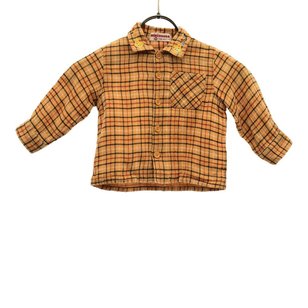 mikihouse ミキハウス 日本製 チェック柄 ロゴ刺繍 長袖 ダブルガーゼ コットンシャツ 80 オレンジ系 キッズ拍卖