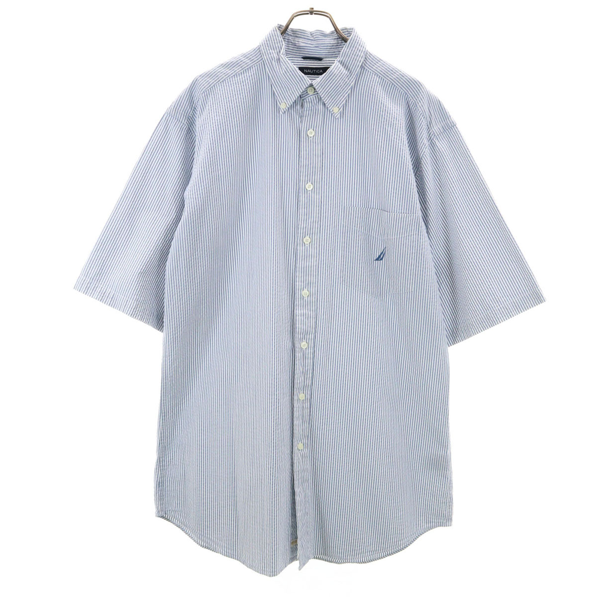 NAUTICA ノーティカ ストライプ柄 5分袖 シアサッカー ボタンダウン シャツワンピース XL ホワイト レディース拍卖