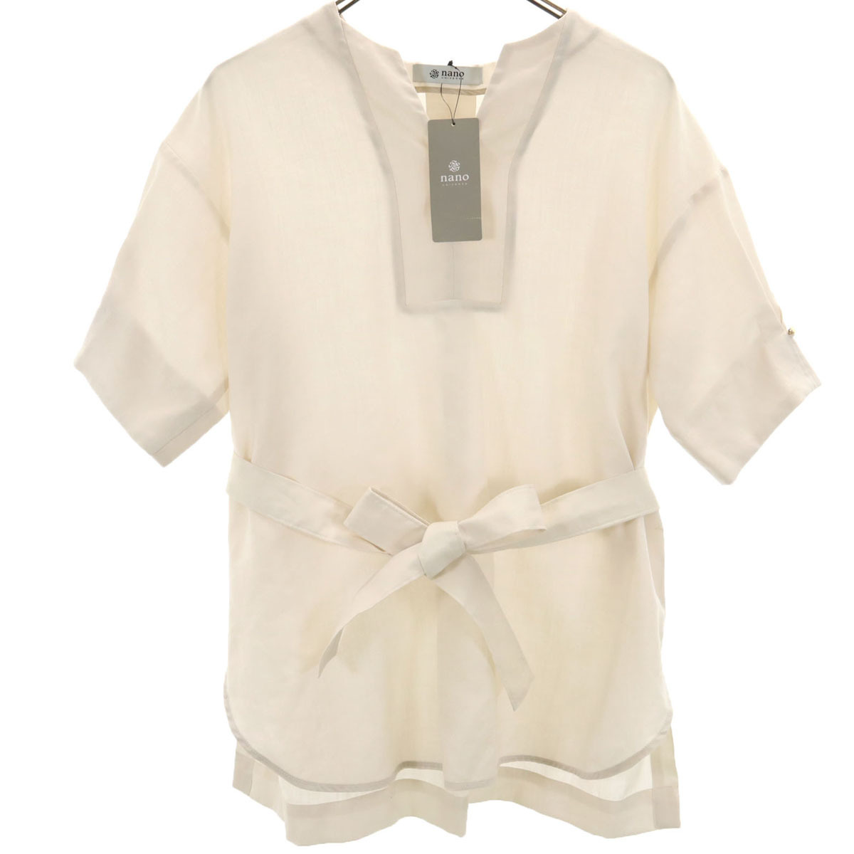 未使用 nano universe ナノユニバース 5分袖 キーネック ブラウス 38 グレージュ ベルト付き レディース拍卖