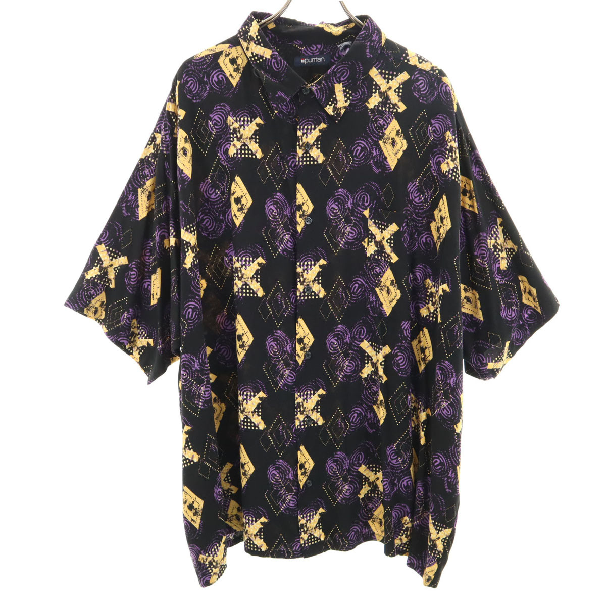 puritan ピューリタン 90s レーヨン オールド 総柄 半袖 シャツ 3XL 黒系 ビックサイズ メンズ拍卖