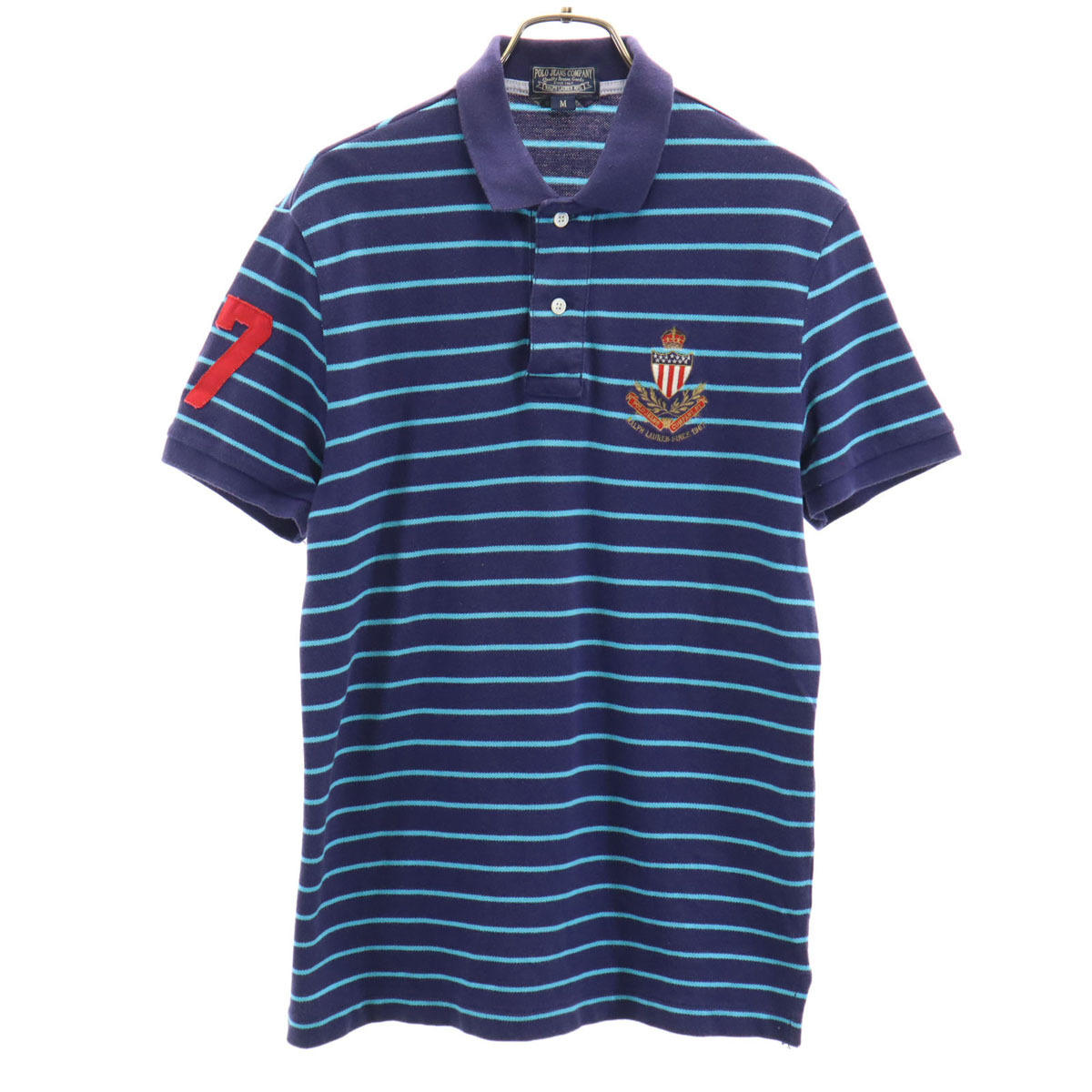 POLO JEANS COMPANY ポロジーンズカンパニー ボーダー柄 半袖 ポロシャツ M ネイビー系 インパクト21 鹿の子地 メンズ拍卖