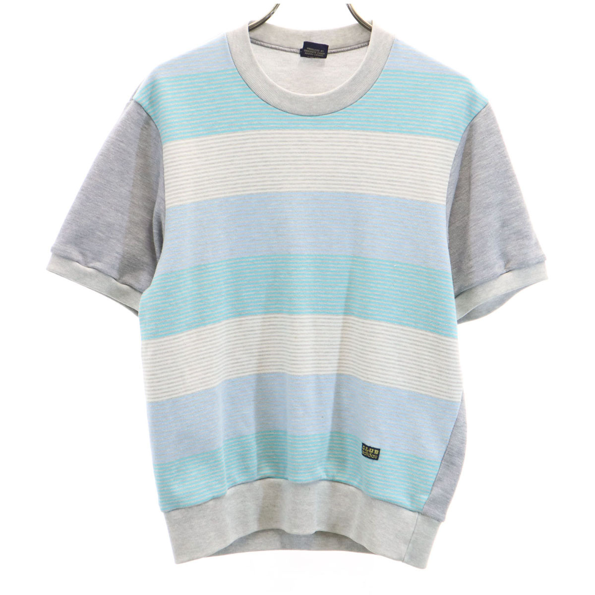 CLUB adidas クラブ アディダス 70s 80s ヴィンテージ ボーダー柄 半袖 スウェット S グレー デサント メンズ拍卖