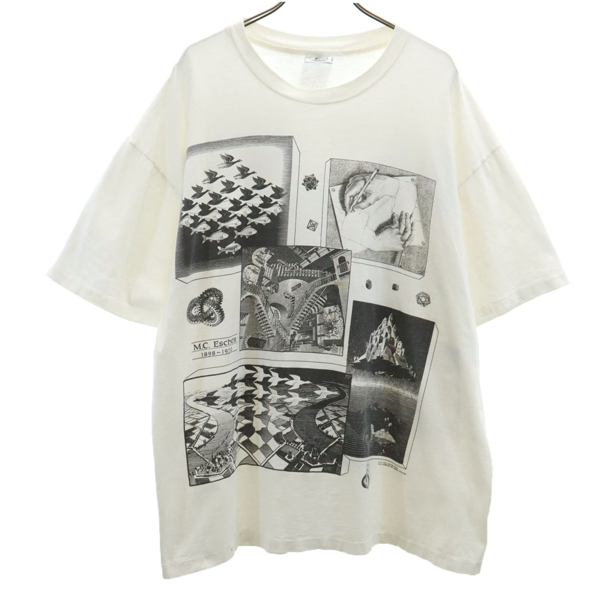 ANDAZIA アンドジア 90s USA製 オールド マルチ M.C.エッシャー だまし絵 半袖 Tシャツ XL ホワイト シングルステッチ メンズ拍卖