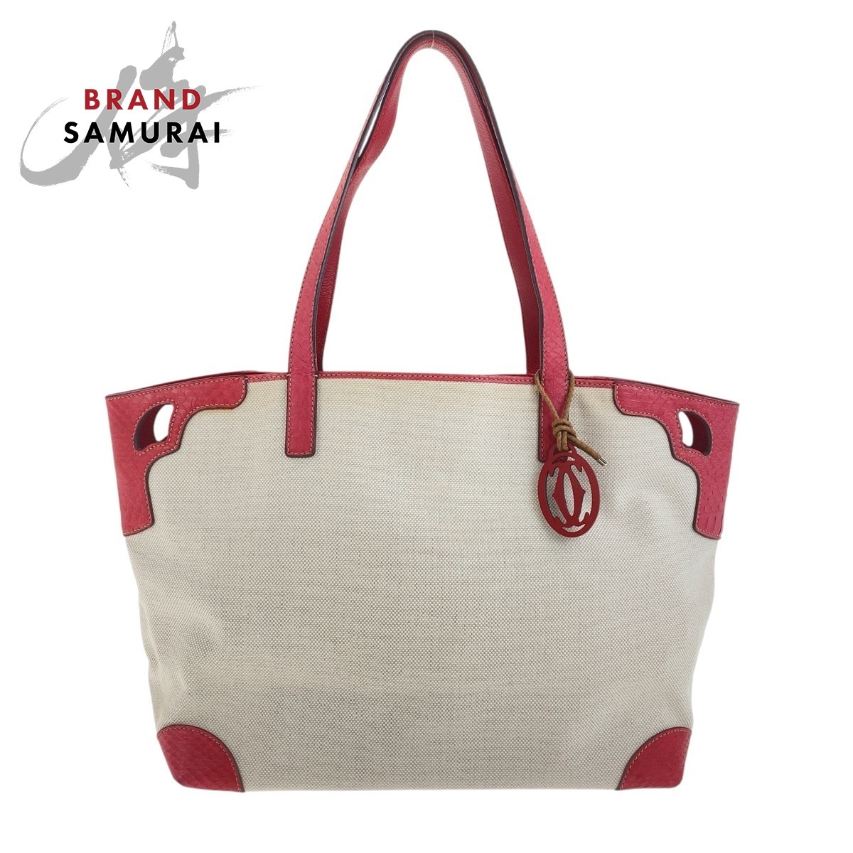 美品 CARTIER カルティエ マルチェロ ホワイト ピンク キャンバス/パイソン トートバッグ ショルダーバッグ レディース 504434拍卖