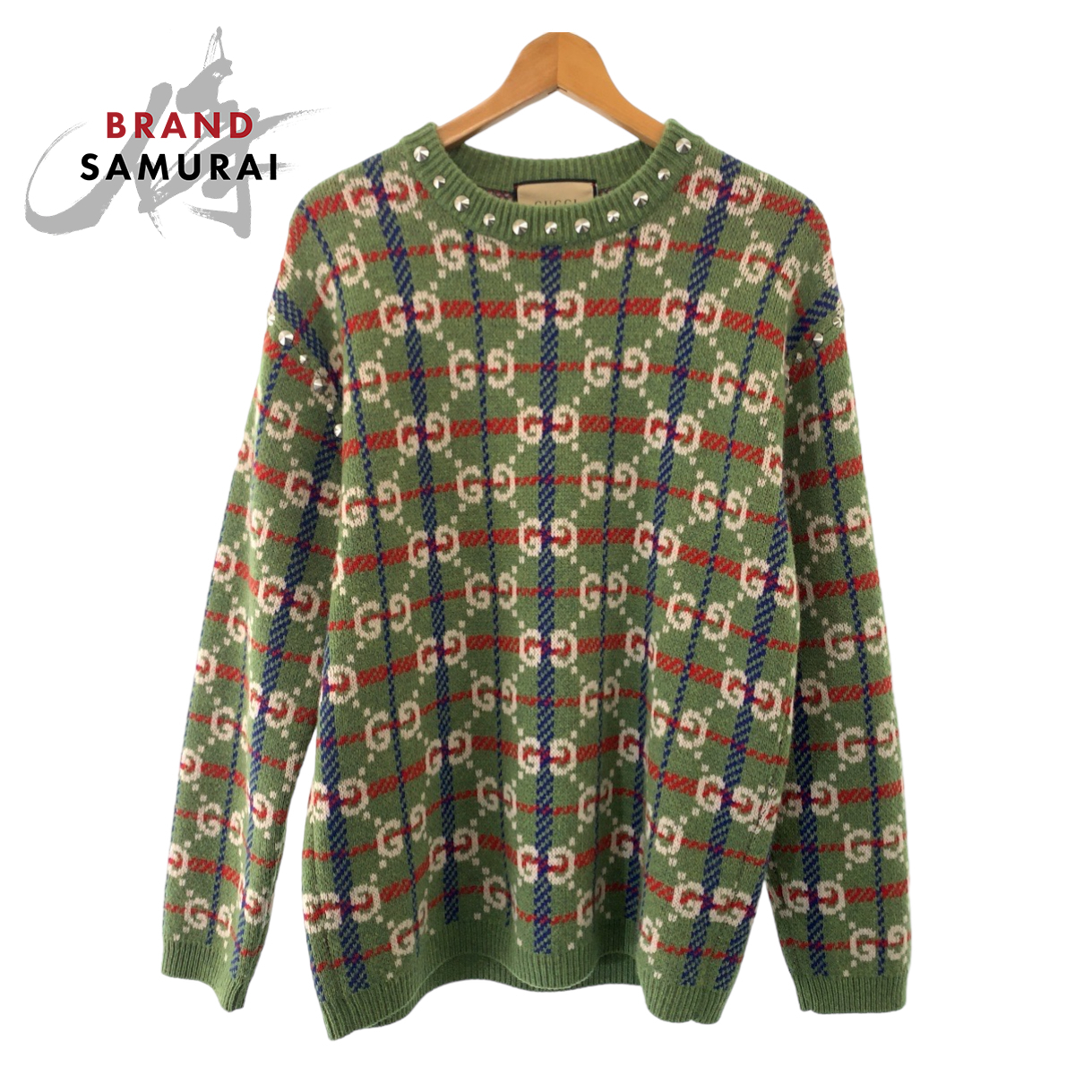 超美品 GUCCI グッチ ネック スタッズ GG総柄 サイズS マルチカラー シルバー金具 ウール/メタル 713571 XKCOZ ニット セーター 504540拍卖