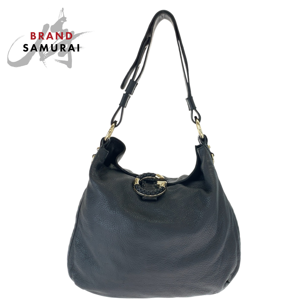 美品 GUCCI グッチ Gウェーブ ホーボー ブラック ゴールド金具 型押しレザー レザー 232931 ショルダーバッグ レディース 504670拍卖