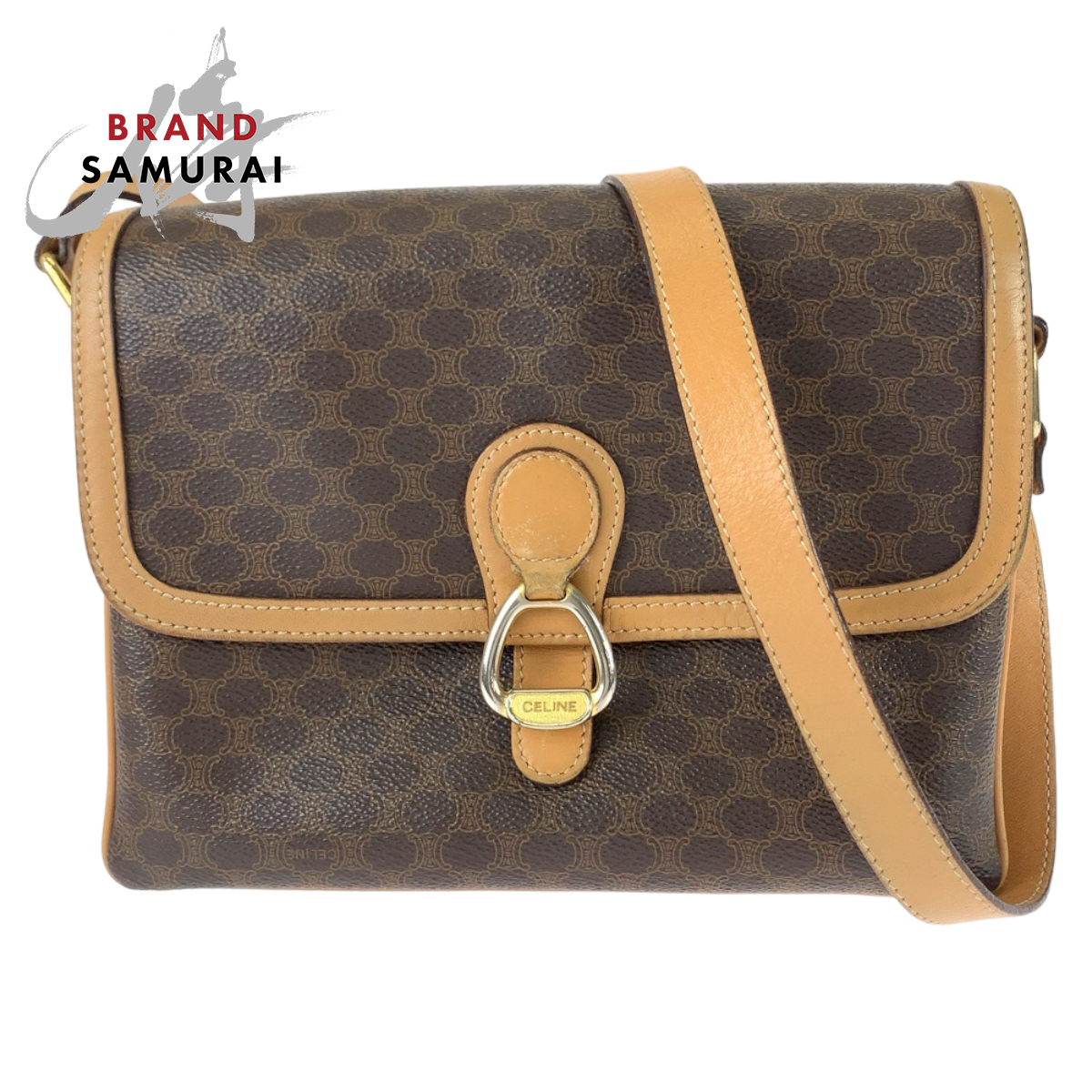 美品 CELINE セリーヌ ヴィンテージ マカダム柄 ブラウン ゴールド金具 PVC/レザー 斜め掛け ショルダーバッグ 504741拍卖