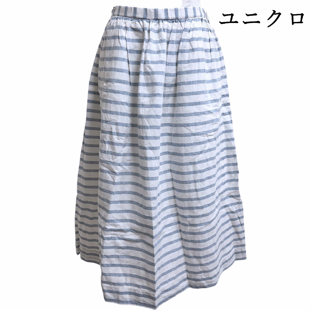 ユニクロ×イネス レディース リネンスカート 膝下スカート ホワイト ライトブルー ボーダー 夏 S拍卖