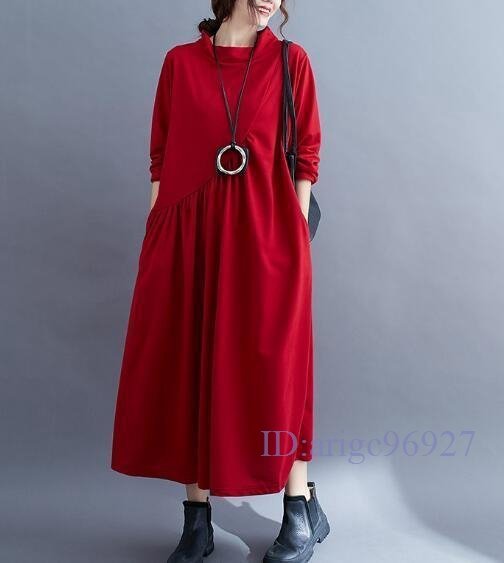 R042☆新品春秋 カジュアル 20304050代 無地 切り替えゆったり大きいサイズ 長袖ロングワンピース 赤選択/Lサイズ拍卖