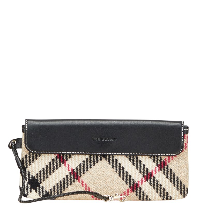 バーバリー ノバチェック ポーチ ベージュ ブラック ウール レザー レディース BURBERRY 【中古】拍卖
