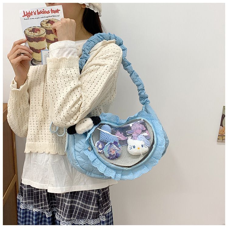 レディース フリル ハート 窓付き 推し活 ショルダーバッグ クリア 韓国 かわいい おしゃれ 大容量 コンサート ライブ 痛バ ブルー NE0433拍卖