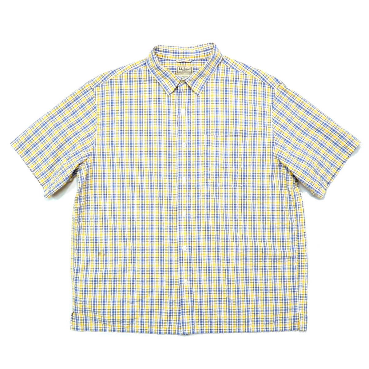 00s ビンテージ LL BEAN エルエルビーン シアサッカー チェック 半袖 ボックス シャツ コットン 2000年代 古着 黄 白 アウトドア キャンプ拍卖