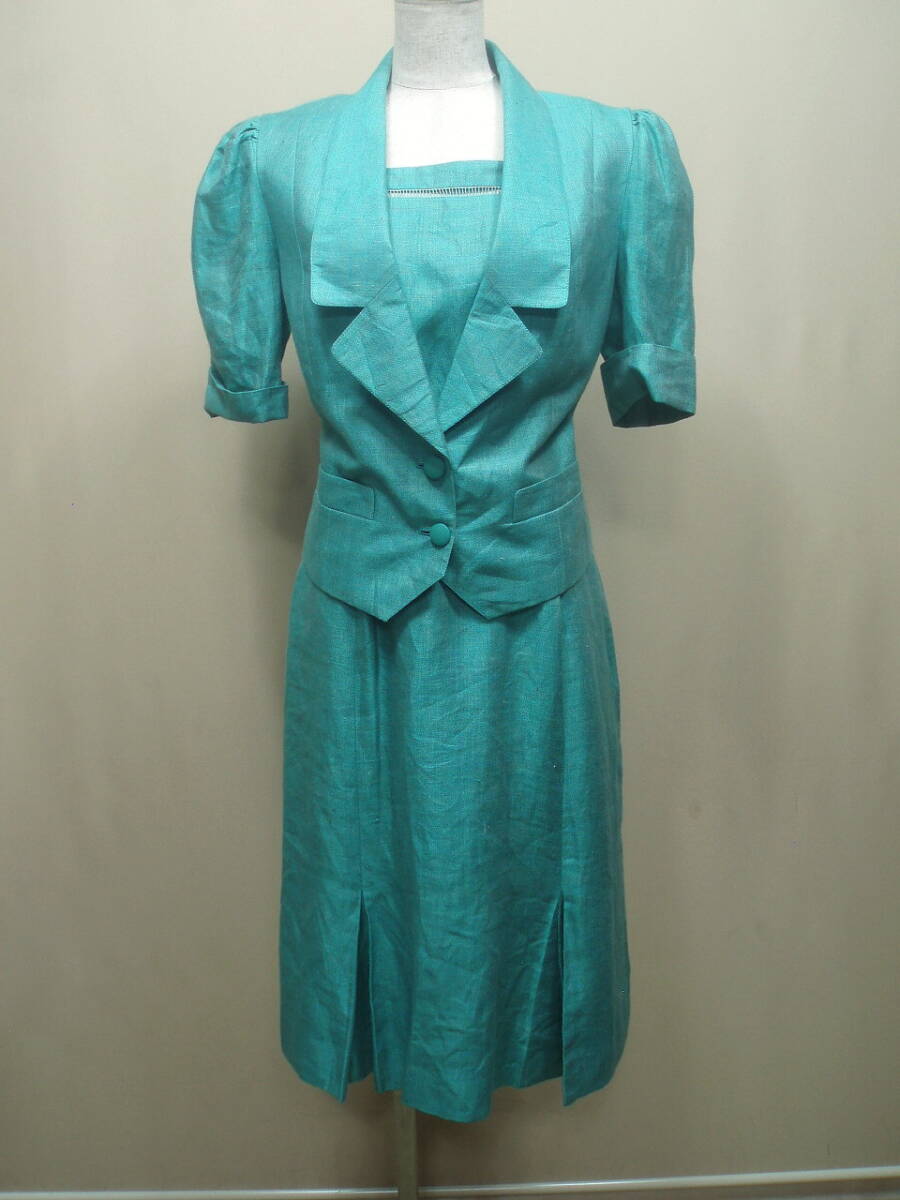 L56358【NOBUO NAKAMURA】イタリア製生地 シルク ヘンプ ワンピース ジャケット アンサンブルスーツ 80-90's 肩パット バブリー スーツ拍卖