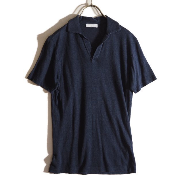 P1395f5 ■GRAN SASSO グランサッソ■ リネン スキッパー 半袖シャツ 44 / スリム 60162/96800 メンズ ポロシャツ 麻 紺 春夏拍卖