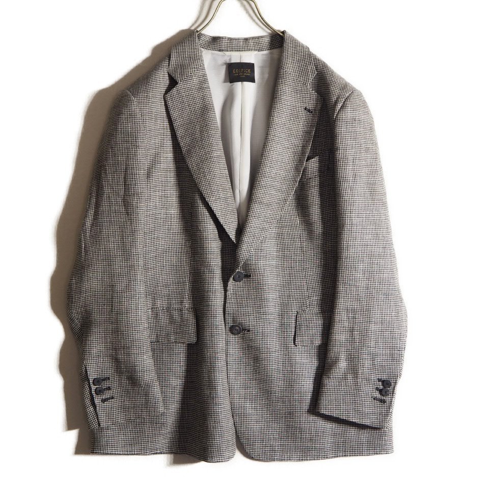 R1328H3 ■EDIFICE エディフィス rue de seine リュ ドゥ セーヌ■ 23SS 2ボタン リネン テーラードジャケット グレンチェック 38 春夏拍卖