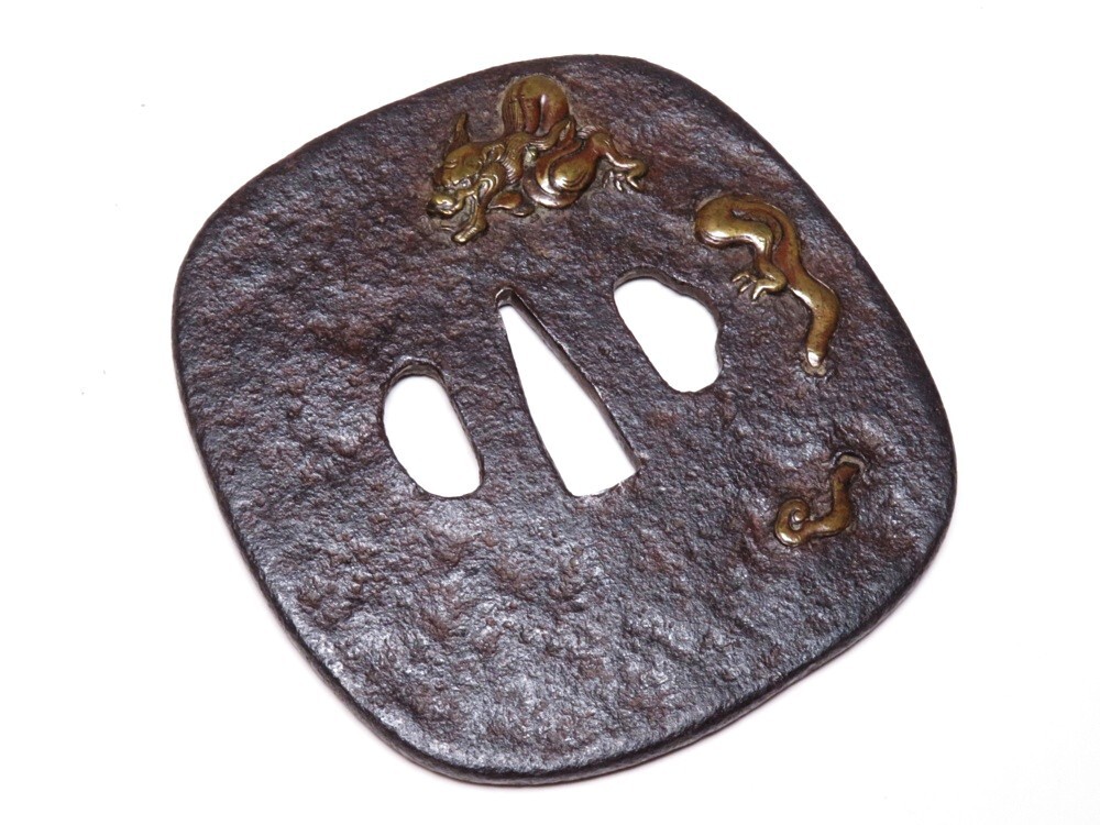 【10791】刀装具 (検/甲冑/刀/縁頭) 江戸~明治 鉄地 雨龍 象嵌入り 鍔(初品・買取品)拍卖