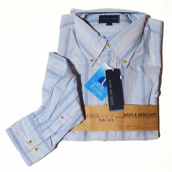 長袖シャツ L 縦縞 綿 ブルー 青 夏 カジュアル ボタンダウン メンズ 紳士 誕生日 父の日 (y08)拍卖