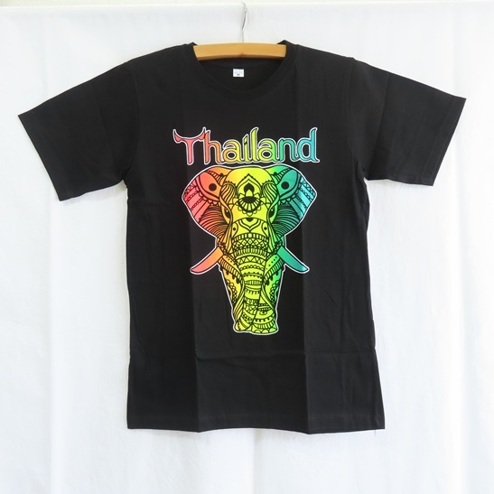〓 新品 〓 タイランド Tシャツ 〓 エスニック アジアン ゾウ 象 フェス 男女兼用 ブラック おしゃれ 〓E895拍卖