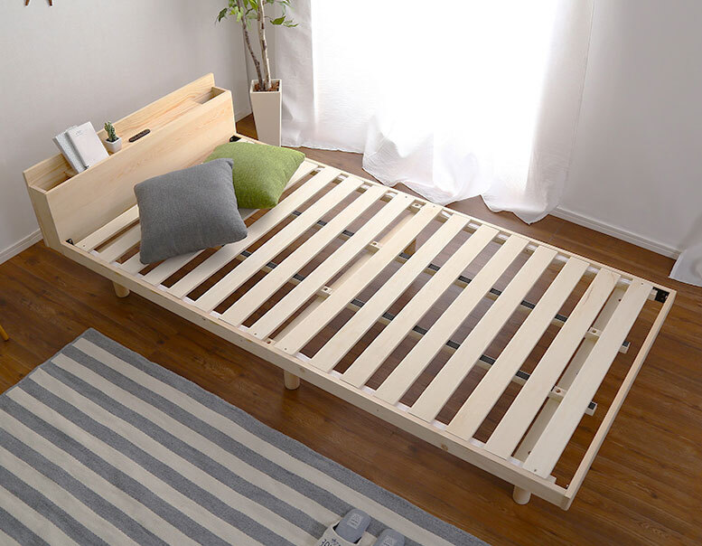 棚コンセント付きパイン材高さ3段階調整脚付きすのこベッド シングル フレームのみ ナチュラル色拍卖