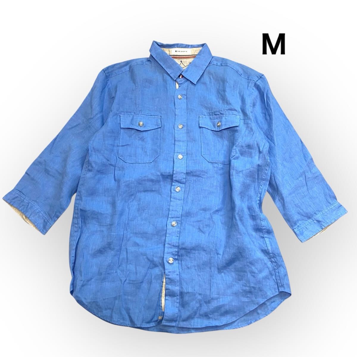 【送料無料】THE SHOP TK タケオキクチ ノルマンディリネンシャツ 麻リネン100% ブルー 五分袖 シャツ メンズM拍卖