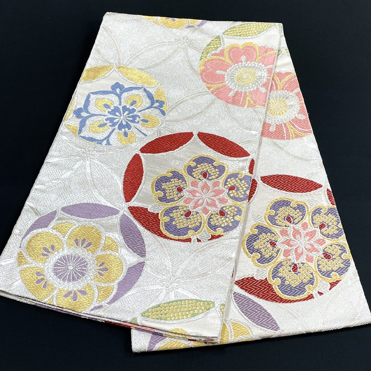 着物月花 引箔 鞠 袋帯 六通柄 正絹 金銀糸 帯芯無し仕立て ob6079拍卖