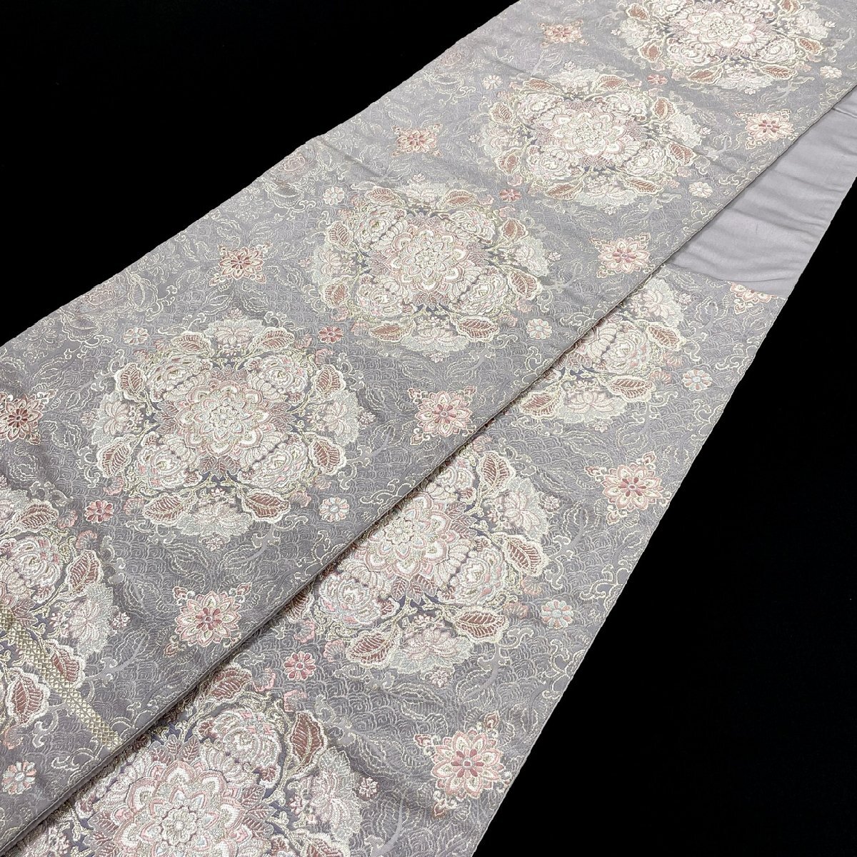 着物月花 華文様 袋帯 六通柄 正絹 金銀糸 帯芯無し仕立て ob6086拍卖