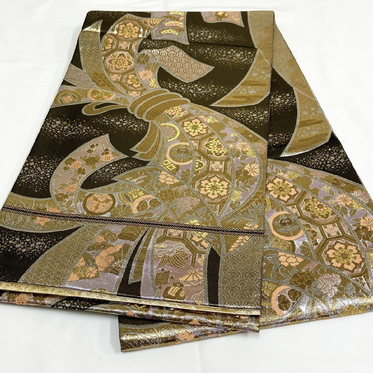 着物月花 本金箔 熨斗目文様 袋帯 全通柄 正絹 金銀糸 ob6142拍卖