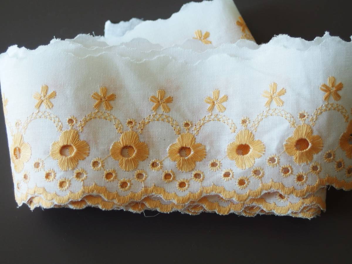 SALE! スイス製 ヴィンテージ リボン、ガロン、レース、トリム、コットンレース 幅約7cm (菜の花色) 拍卖