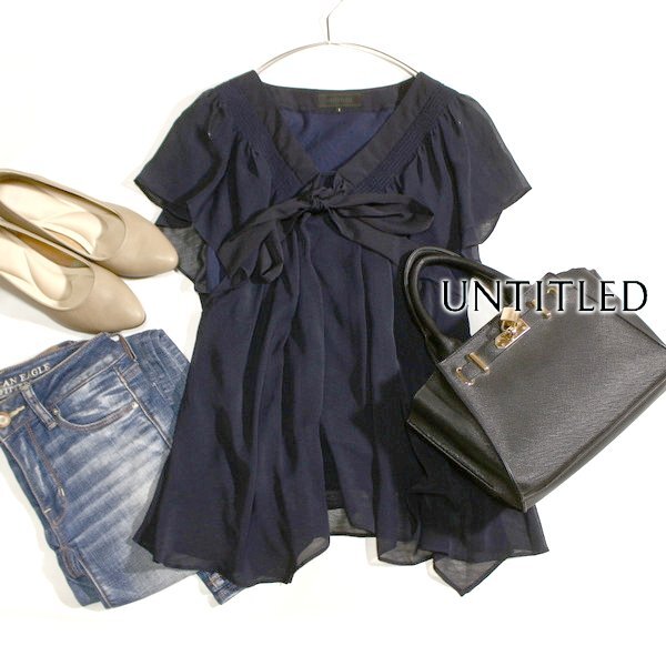 美品 UNTITLED アンタイトル 綺麗めギャザー 皺シフォン カットソー 1号 S 春 夏 25D04拍卖