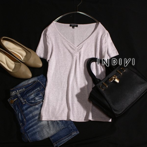 美品 INDIVI インディヴィ 綺麗め ラメ ニット プルオーバー 38号 M 春 夏 25B07拍卖