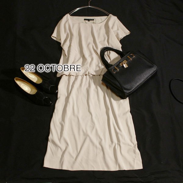 美品 22OCTOBRE ウ゛ァンドゥ オクトーブル 綺麗め ウエストゴム 薄手スーツ生地 ワンピース 38号 M 春 夏 25C07拍卖