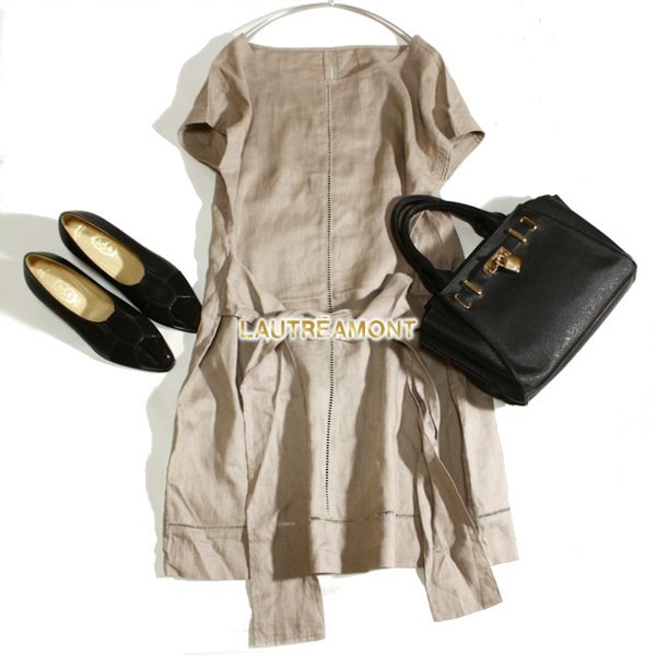 美品 DoCLASSE ドゥクラッセ リネン100% はしごレース ベルト一体 チュニック 11号 L 春 夏 25D07拍卖