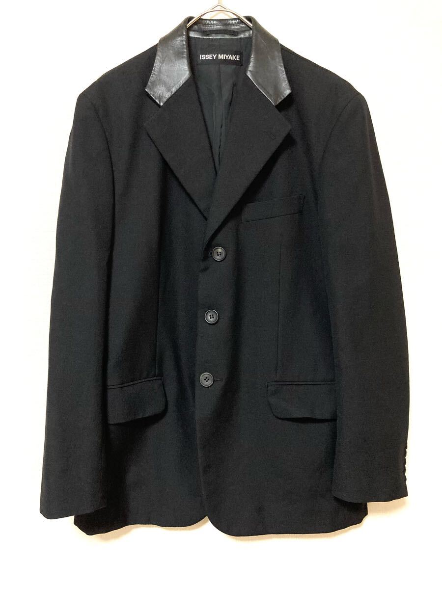 イッセイミヤケ issey miyake メンズ レザー ラペル 本革 切り替え ウール テーラードジャケット 3 ブラック 黒 本革 牛革 拍卖