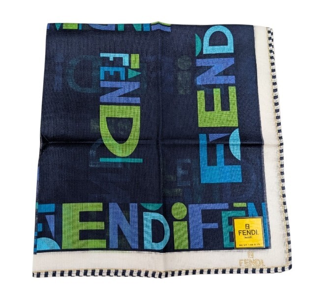 未使用 フェンディ ハンカチ ロゴ スカーフ ネイビー ホワイト 紺 コットン 綿 100% レディース FENDI 【中古】拍卖