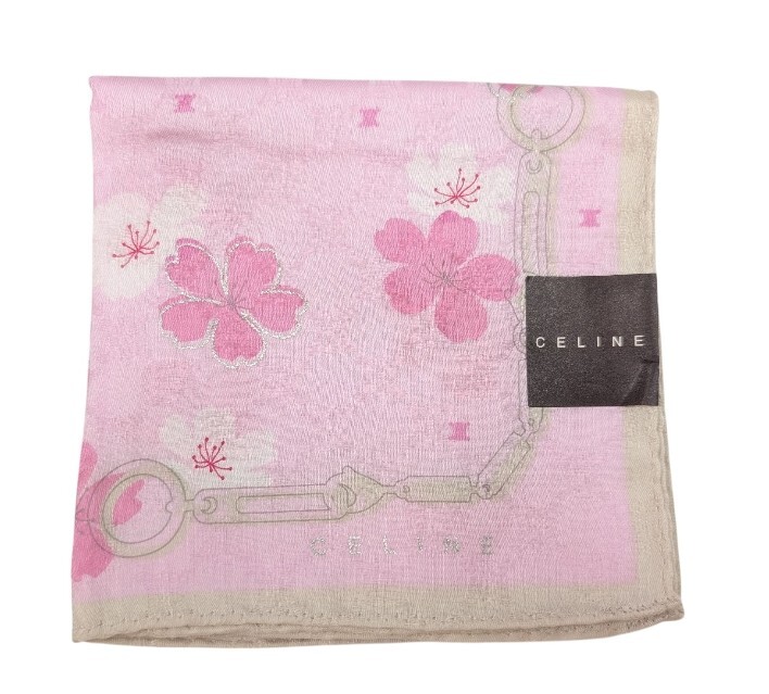未使用 セリーヌ ハンカチ ピンク さくら 桜 マカダム レディース CELINE スカーフ 綿 100% コットン 【中古】拍卖
