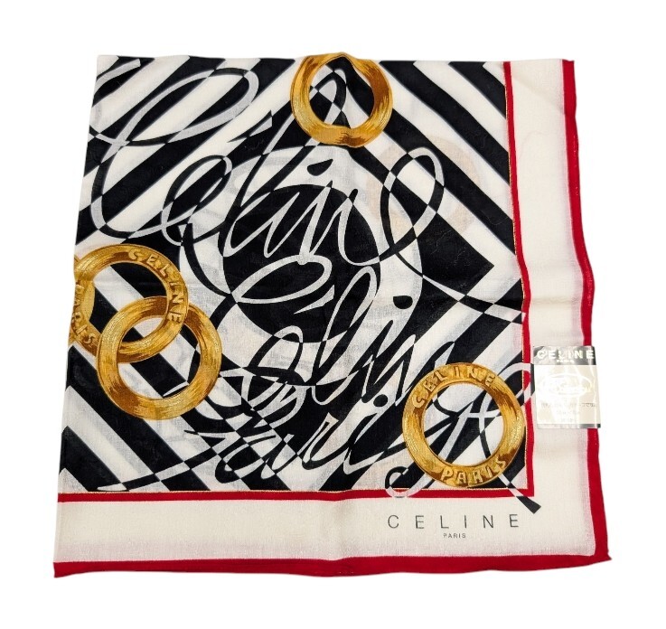 未使用 セリーヌ 大判 ハンカチ マカダム ロゴ レディース CELINE スカーフ 綿 100% コットン 【中古】拍卖